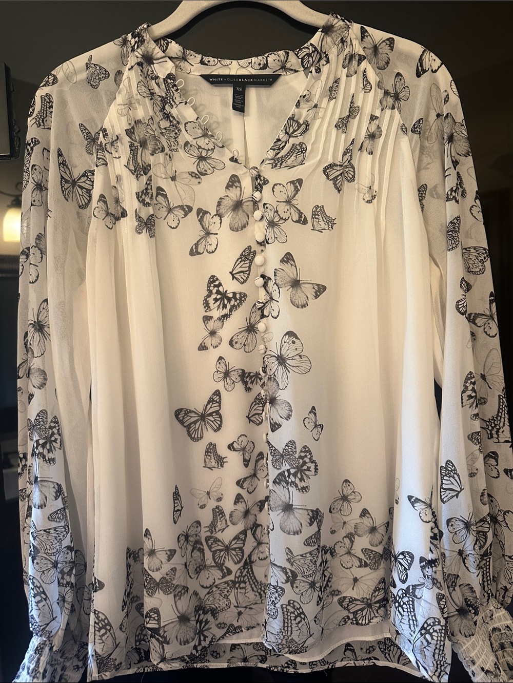 White House Black Market White Butterfly Print Sheer Blouse